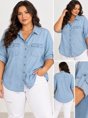 Cisono Chambray Button Down Shirt 3X NWT Plus Size Denim Look